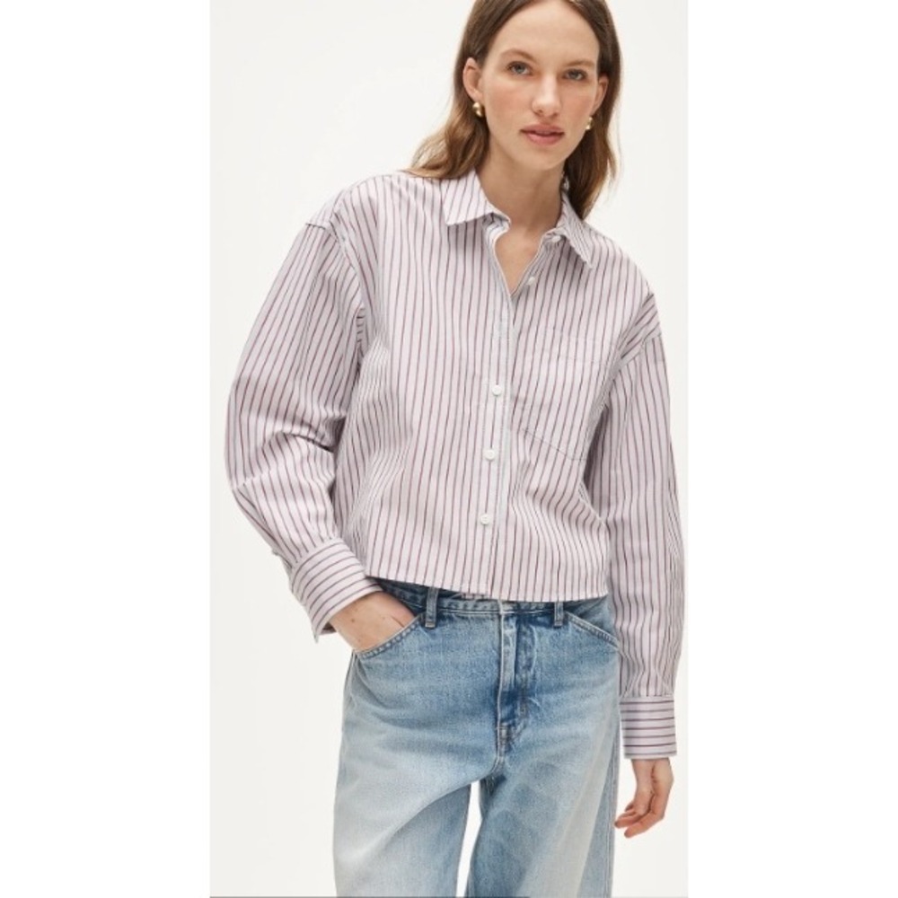 J.Crew Womens Striped Cropped Shirt White Burgundy M Relaxed Fit NWT $98